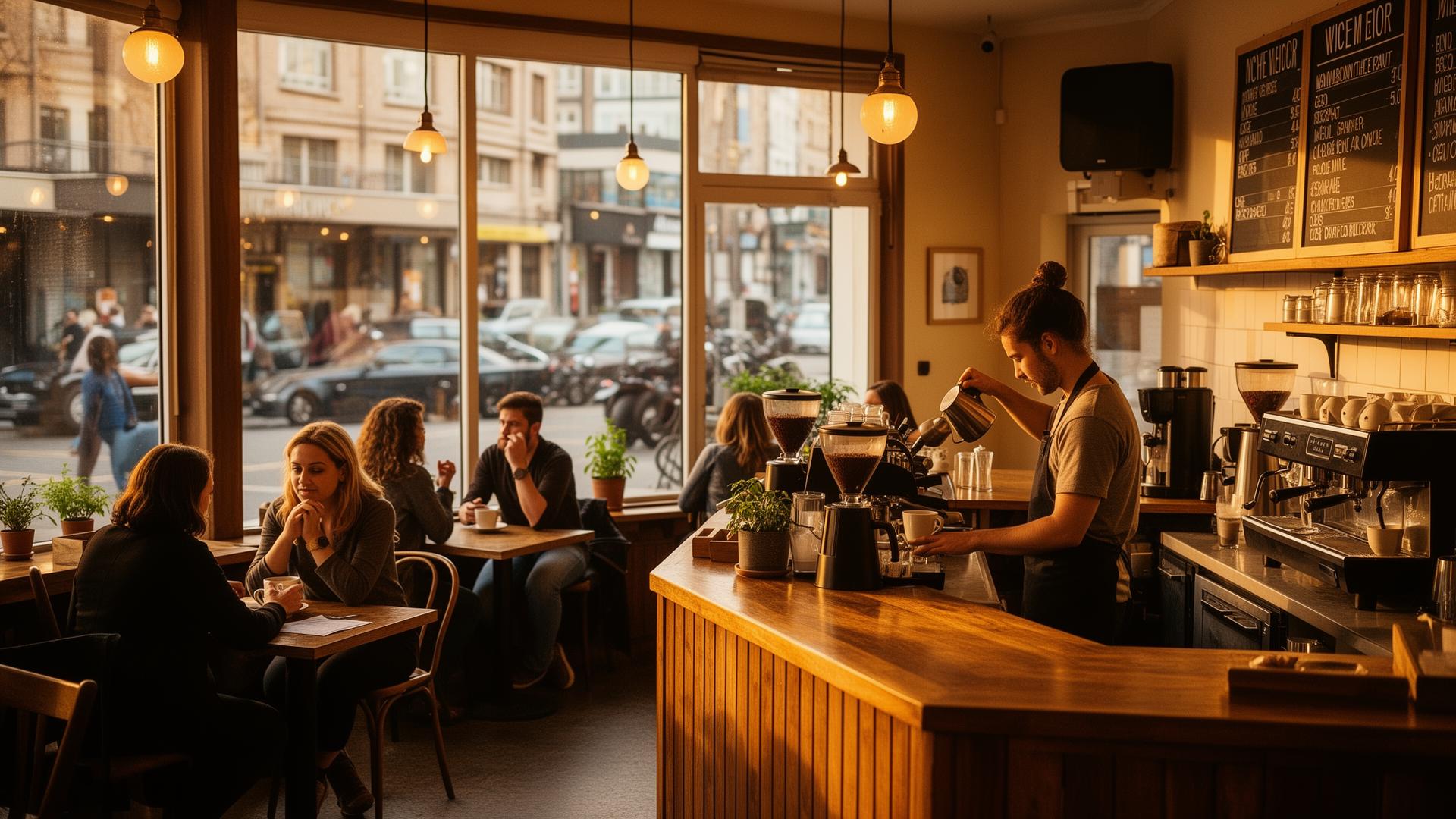 Customers and barista inside a cozy local cafe